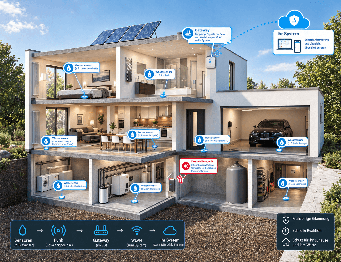 Isometrischer Querschnitt eines Objekts mit Wassersensoren in Schlafzimmer, Bad, Wohnbereich, Küche, Eingang, Garage und Lagerraum, einem Geräuschsensor am Technikraum, einem Gateway im Erdgeschoss und einer Cloud-Anbindung an das System.